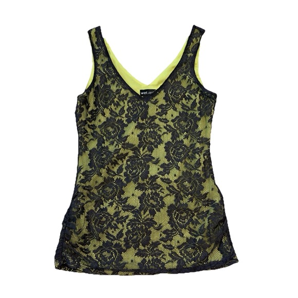 Wet Seal Tops - Vintage Y2K Wet Seal Lace Cami Overlay Tank Top Medium Neon Green Punk Grunge